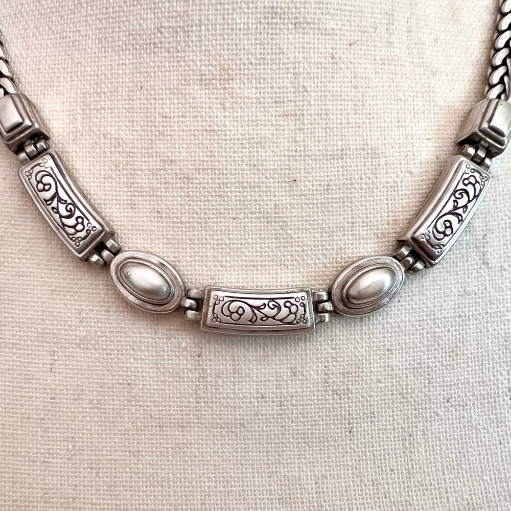 Brighton Etched Linked Panels Bracelet, Adjustable Length, Silver Plated EUC